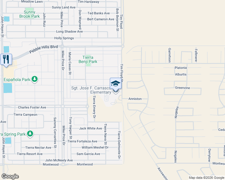 map of restaurants, bars, coffee shops, grocery stores, and more near 14929 Tierra Mirage Avenue in El Paso