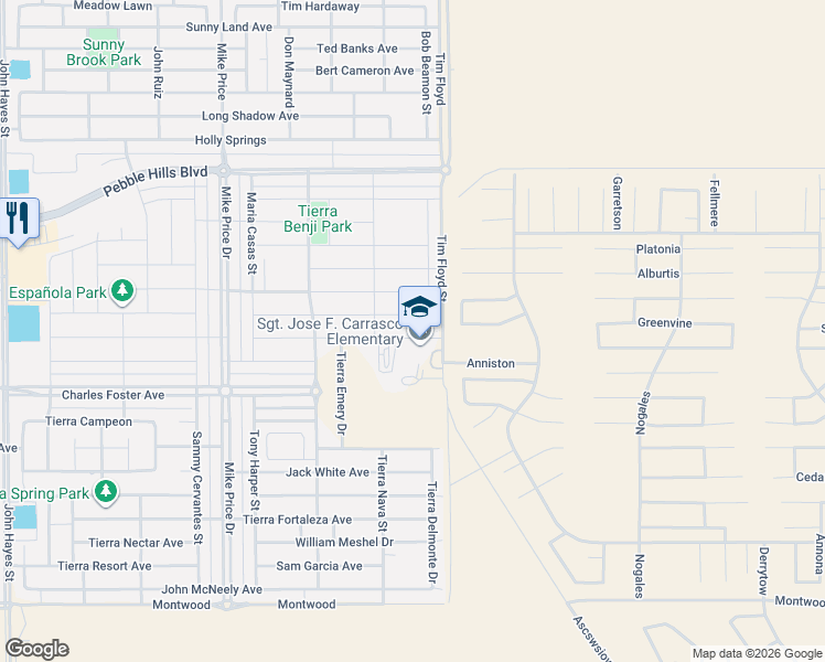 map of restaurants, bars, coffee shops, grocery stores, and more near 14929 Tierra Escape Avenue in El Paso