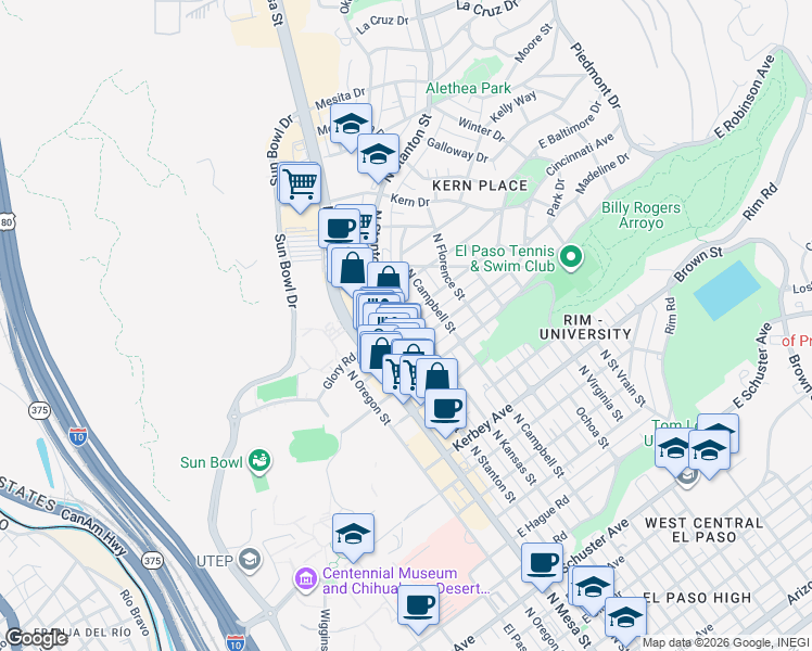 map of restaurants, bars, coffee shops, grocery stores, and more near 408 East Baltimore Drive in El Paso