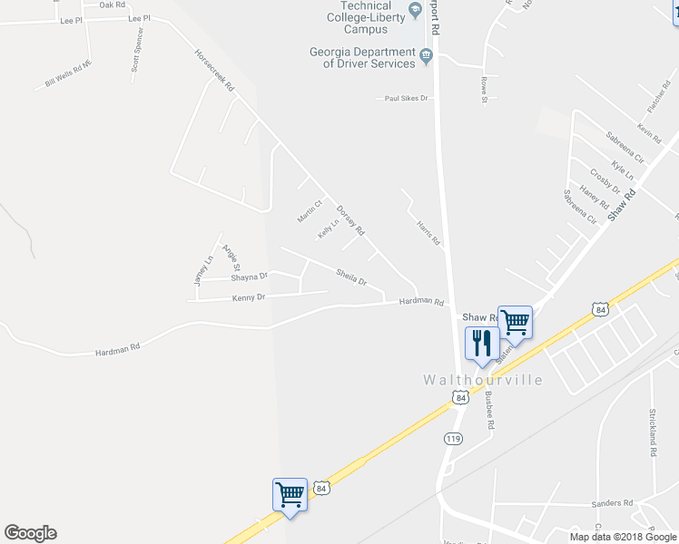 map of restaurants, bars, coffee shops, grocery stores, and more near 157 Sheila Drive in Hinesville