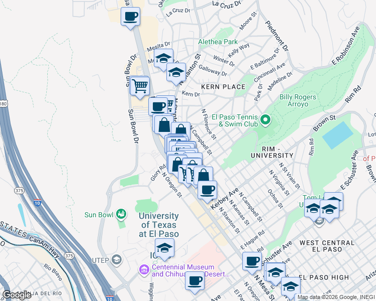 map of restaurants, bars, coffee shops, grocery stores, and more near 408 East Baltimore Drive in El Paso