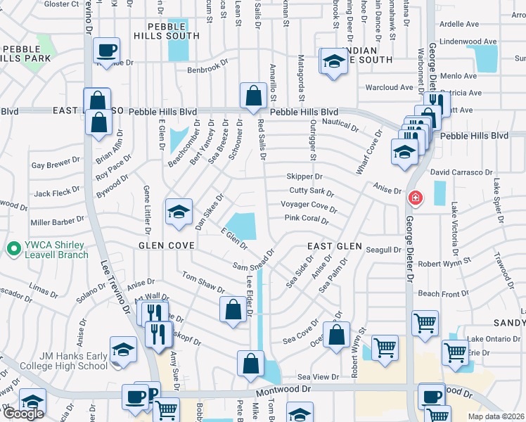 map of restaurants, bars, coffee shops, grocery stores, and more near 2509 Red Sails Drive in El Paso