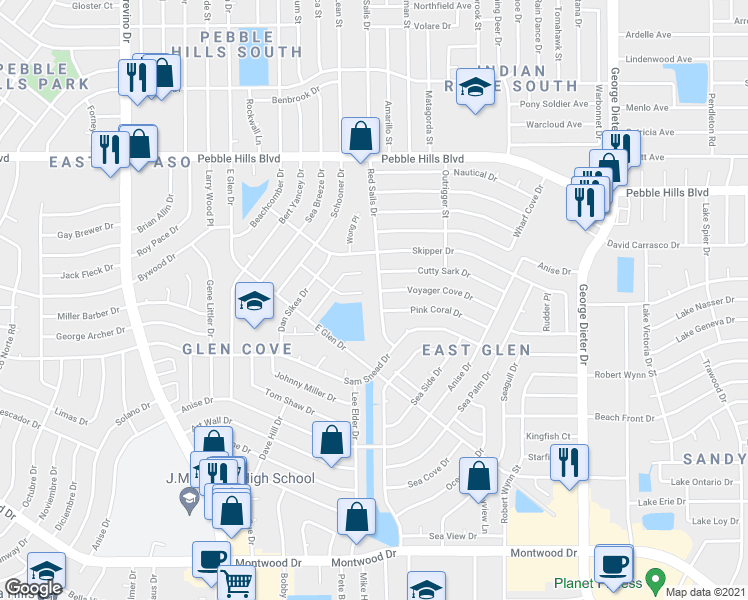 map of restaurants, bars, coffee shops, grocery stores, and more near 2605 Red Sails Drive in El Paso