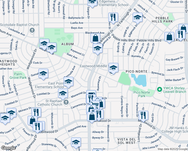 map of restaurants, bars, coffee shops, grocery stores, and more near 2505 Penwood Drive in El Paso