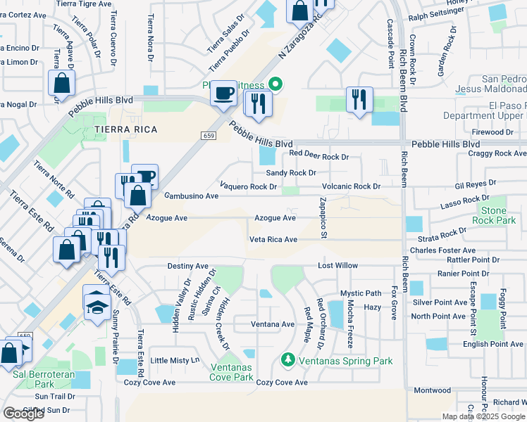 map of restaurants, bars, coffee shops, grocery stores, and more near 12808 Gambusino Avenue in El Paso