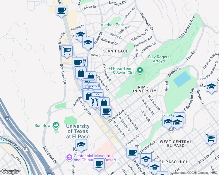 map of restaurants, bars, coffee shops, grocery stores, and more near 511 Cincinnati Avenue in El Paso
