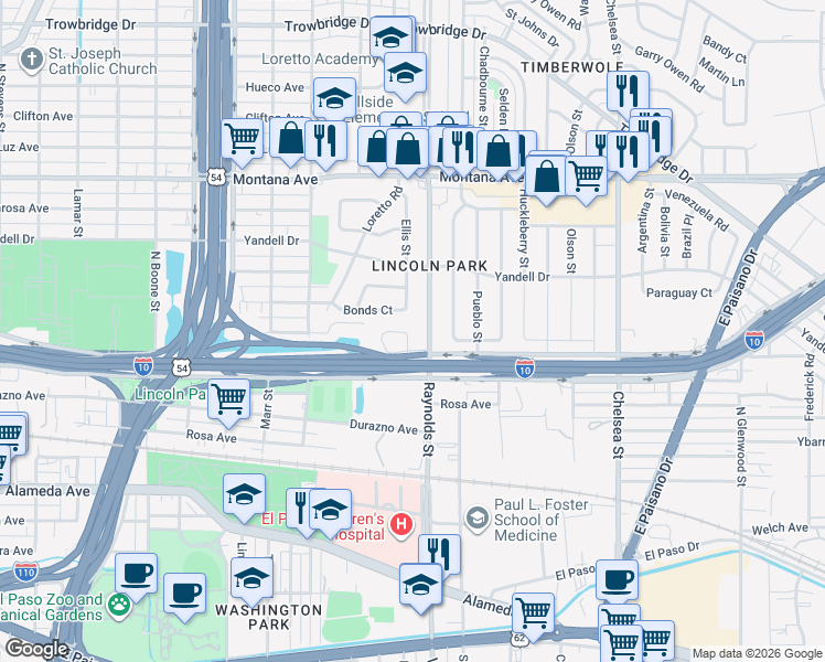 map of restaurants, bars, coffee shops, grocery stores, and more near 4638 Bonds Court in El Paso