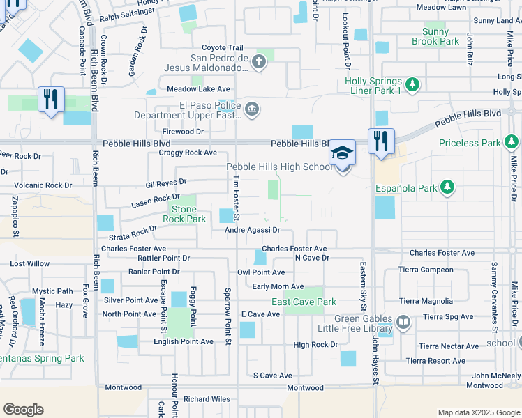 map of restaurants, bars, coffee shops, grocery stores, and more near 14308 Pancho Gonzalez Court in El Paso