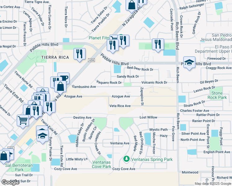 map of restaurants, bars, coffee shops, grocery stores, and more near 12808 Gambusino Avenue in El Paso
