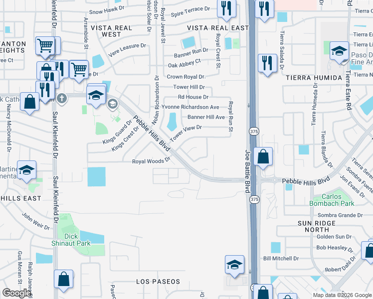 map of restaurants, bars, coffee shops, grocery stores, and more near 12116 Royal Woods Drive in El Paso