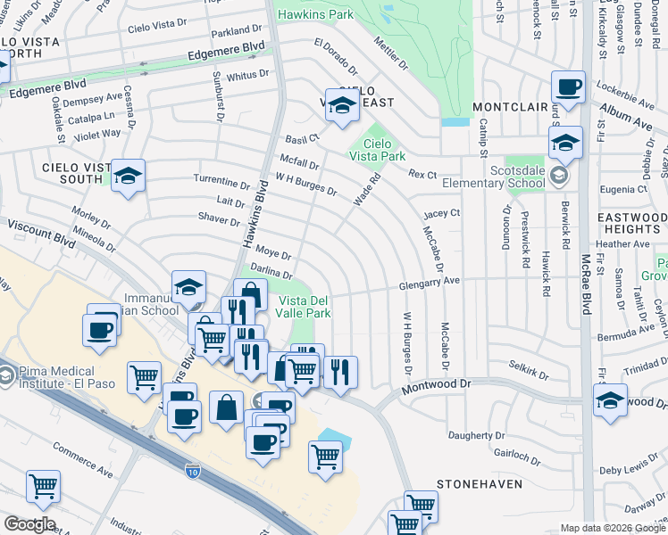 map of restaurants, bars, coffee shops, grocery stores, and more near 9105 Shaver Drive in El Paso