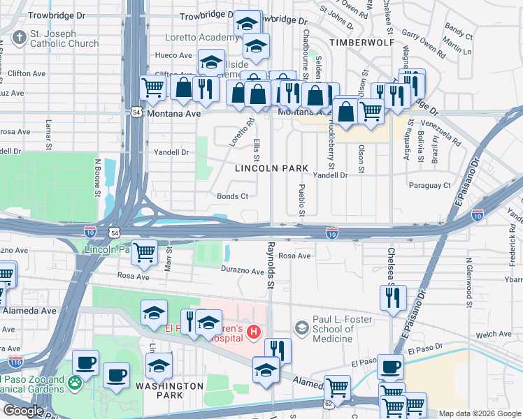 map of restaurants, bars, coffee shops, grocery stores, and more near 4638 Bonds Court in El Paso