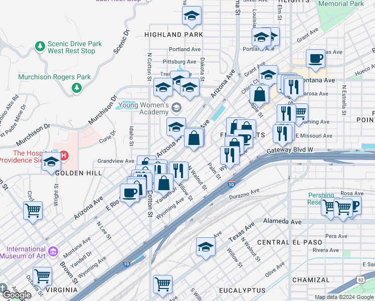 map of restaurants, bars, coffee shops, grocery stores, and more near 2228 Grant Avenue in El Paso