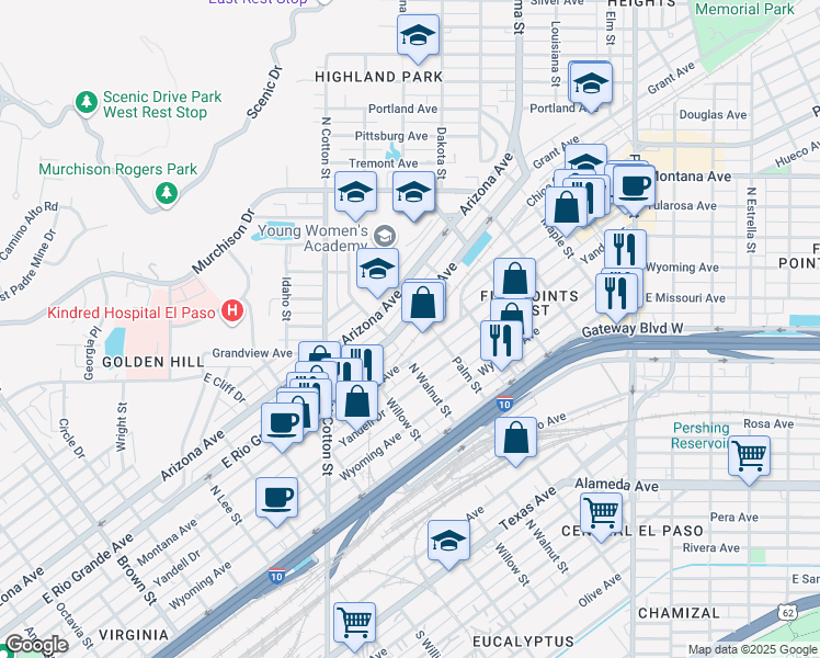map of restaurants, bars, coffee shops, grocery stores, and more near 2228 Grant Avenue in El Paso