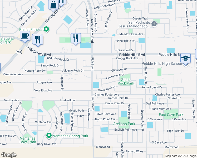 map of restaurants, bars, coffee shops, grocery stores, and more near 14158 Lasso Rock Drive in El Paso