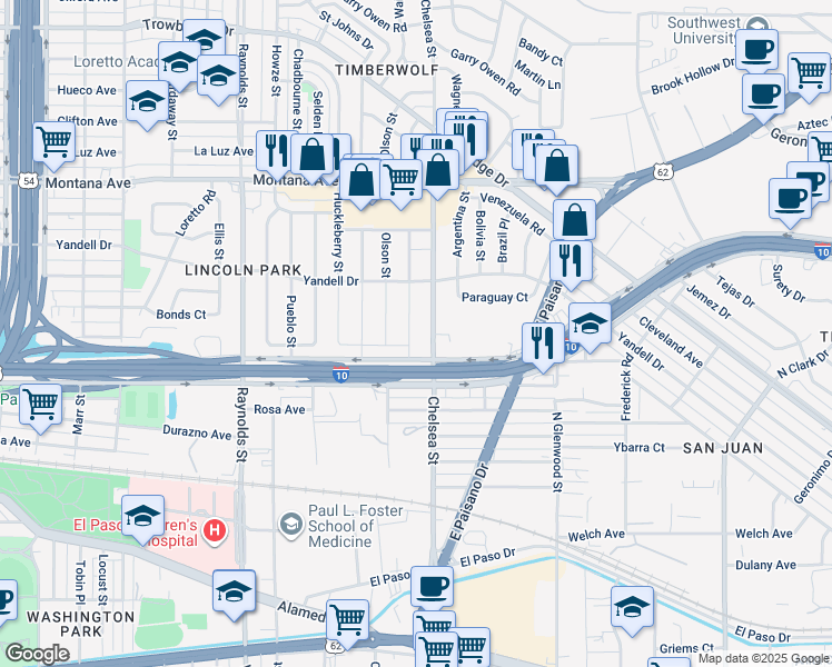 map of restaurants, bars, coffee shops, grocery stores, and more near 605 Cardon Street in El Paso