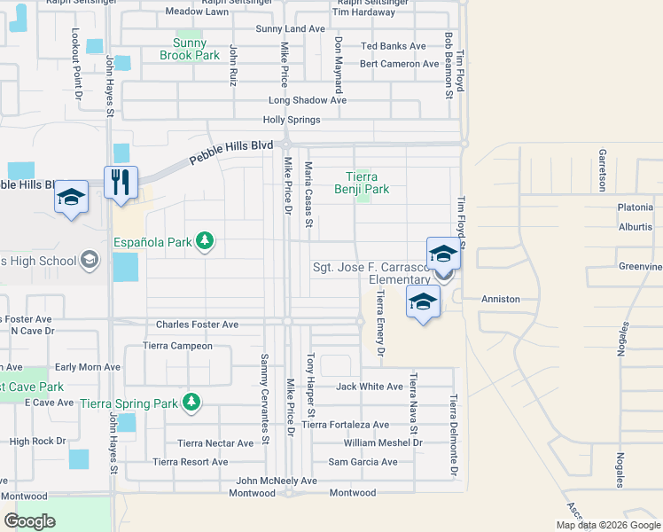 map of restaurants, bars, coffee shops, grocery stores, and more near 14721 Tierra Escape Avenue in El Paso