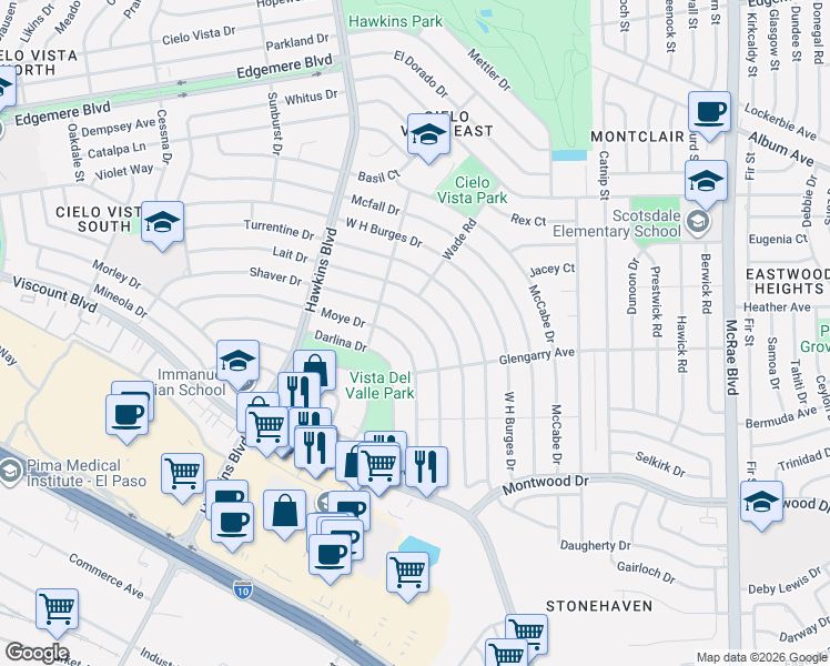 map of restaurants, bars, coffee shops, grocery stores, and more near 9105 Shaver Drive in El Paso