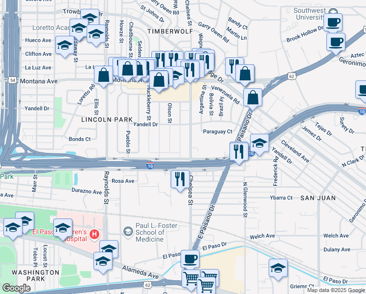 map of restaurants, bars, coffee shops, grocery stores, and more near 605 Cardon Street in El Paso