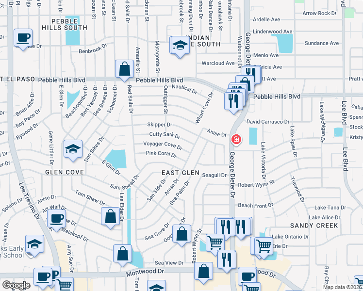 map of restaurants, bars, coffee shops, grocery stores, and more near 11180 Cutty Sark Drive in El Paso