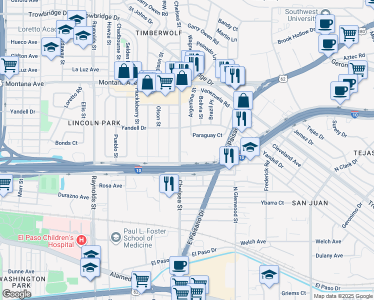 map of restaurants, bars, coffee shops, grocery stores, and more near 600 Chelsea Street in El Paso
