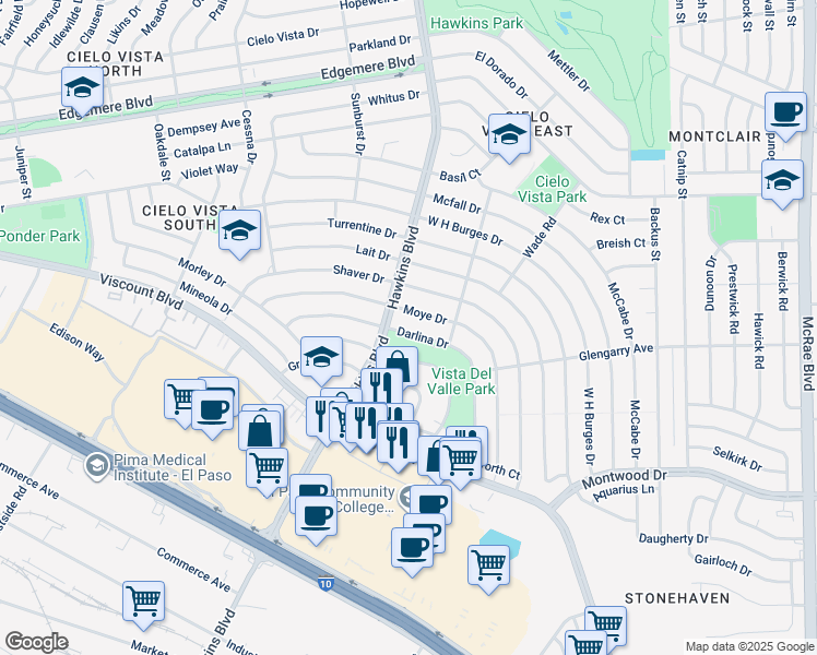 map of restaurants, bars, coffee shops, grocery stores, and more near 8809 Darlina Drive in El Paso