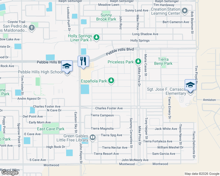 map of restaurants, bars, coffee shops, grocery stores, and more near 14600 Ciambriello Avenue in El Paso