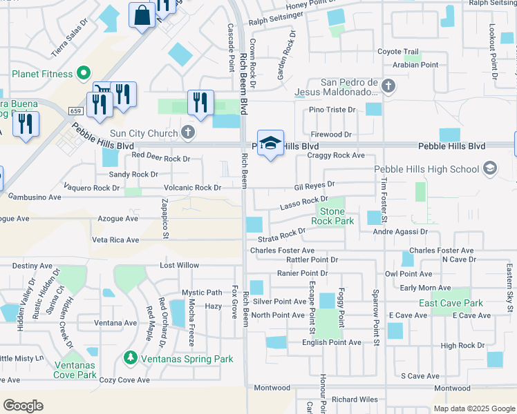 map of restaurants, bars, coffee shops, grocery stores, and more near 14158 Lasso Rock Drive in El Paso
