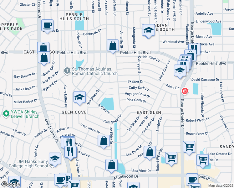 map of restaurants, bars, coffee shops, grocery stores, and more near 2605 Red Sails Drive in El Paso