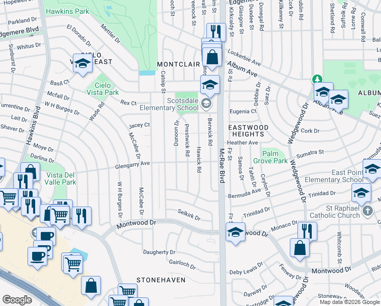 map of restaurants, bars, coffee shops, grocery stores, and more near 2713 Prestwick Road in El Paso
