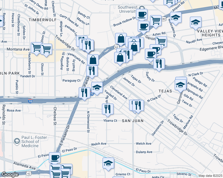 map of restaurants, bars, coffee shops, grocery stores, and more near 5856 Cleveland Avenue in El Paso