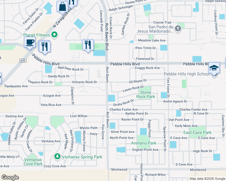 map of restaurants, bars, coffee shops, grocery stores, and more near 14160 Lasso Rock Drive in El Paso