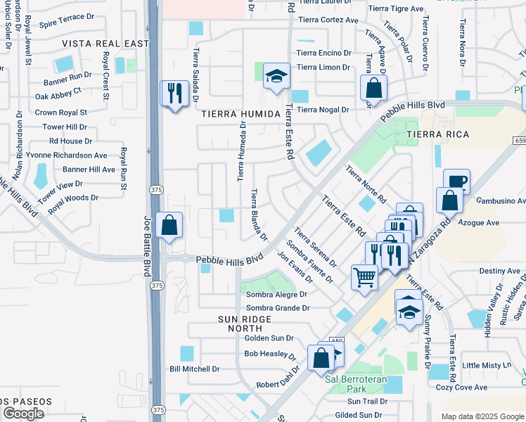 map of restaurants, bars, coffee shops, grocery stores, and more near 12328 Tierra Baja Way in El Paso