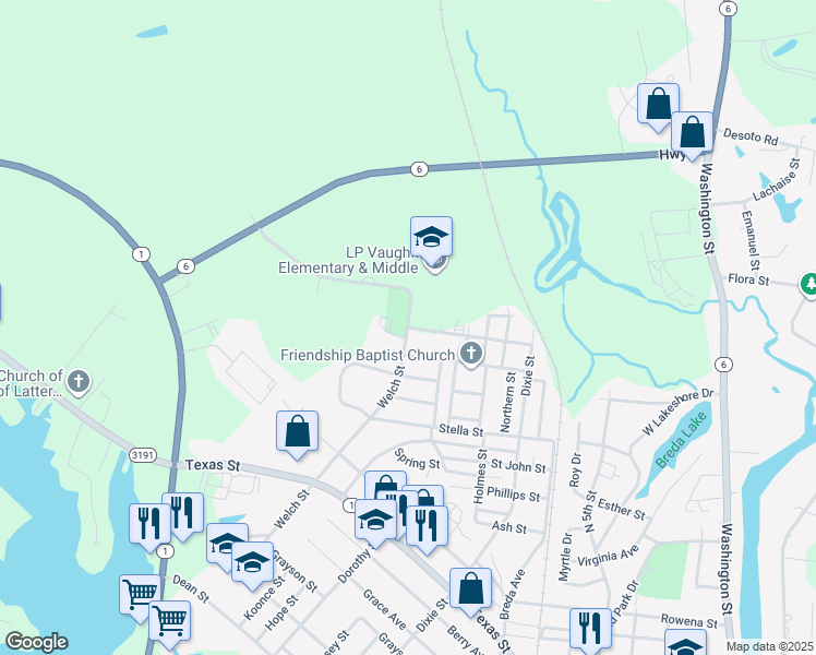 map of restaurants, bars, coffee shops, grocery stores, and more near 1621 Welch Street in Natchitoches