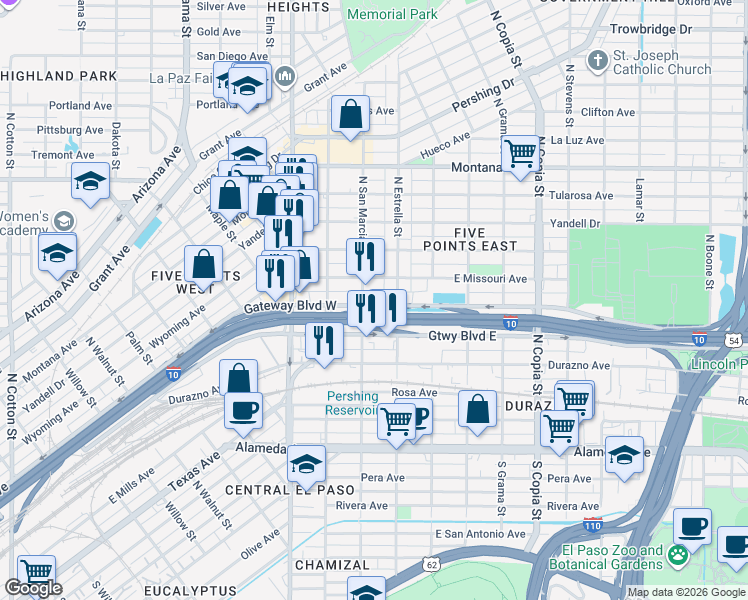map of restaurants, bars, coffee shops, grocery stores, and more near 3111 Gateway Boulevard West in El Paso