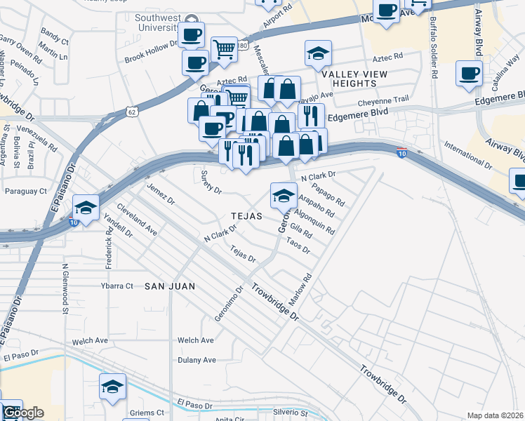map of restaurants, bars, coffee shops, grocery stores, and more near 6115 Gila Road in El Paso