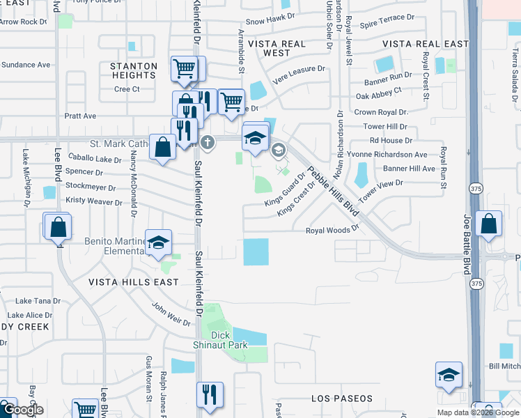 map of restaurants, bars, coffee shops, grocery stores, and more near 11928 Kings Guard Drive in El Paso