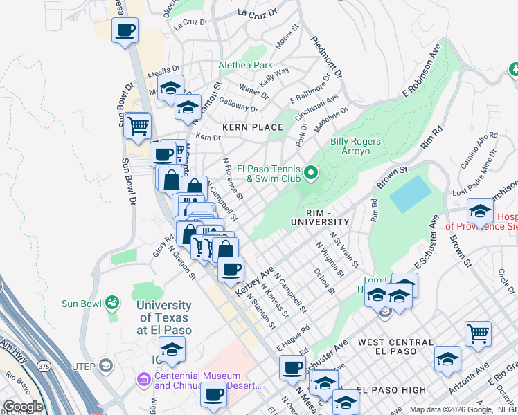 map of restaurants, bars, coffee shops, grocery stores, and more near 609 East Robinson Avenue in El Paso
