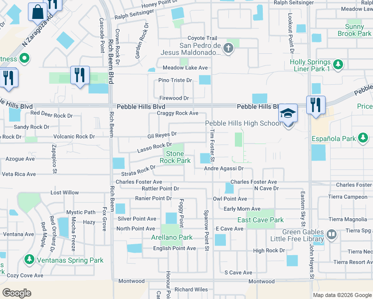 map of restaurants, bars, coffee shops, grocery stores, and more near 2708 Stone Rock Street in El Paso