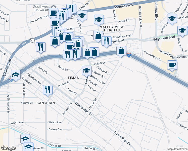 map of restaurants, bars, coffee shops, grocery stores, and more near 6232 Arapaho Road in El Paso