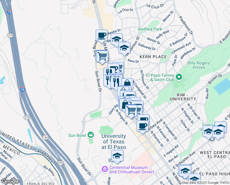map of restaurants, bars, coffee shops, grocery stores, and more near 2977 N Mesa St in El Paso