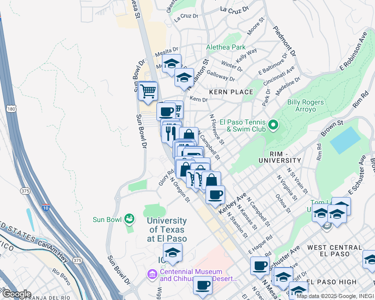 map of restaurants, bars, coffee shops, grocery stores, and more near 2820 North Stanton Street in El Paso