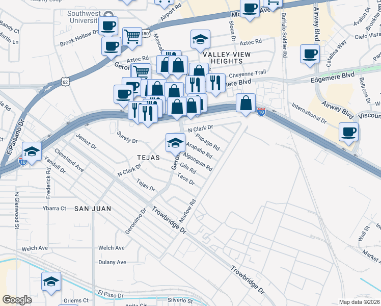 map of restaurants, bars, coffee shops, grocery stores, and more near 6232 Arapaho Road in El Paso