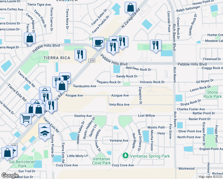 map of restaurants, bars, coffee shops, grocery stores, and more near 12808 Gambusino Avenue in El Paso