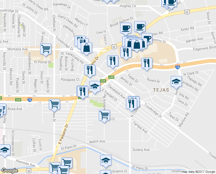 map of restaurants, bars, coffee shops, grocery stores, and more near 5856 Cleveland Avenue in El Paso