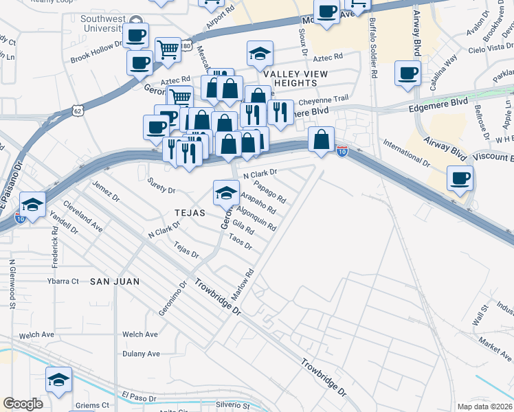 map of restaurants, bars, coffee shops, grocery stores, and more near 6232 Arapaho Road in El Paso