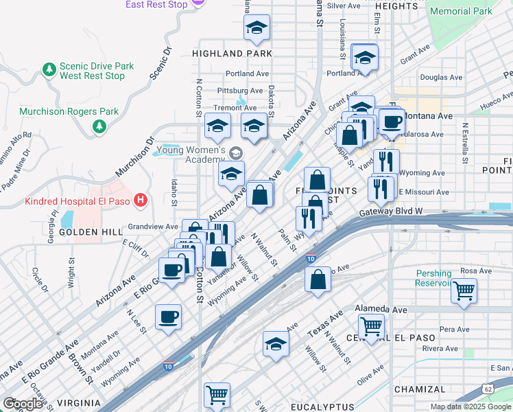 map of restaurants, bars, coffee shops, grocery stores, and more near 2228 Grant Avenue in El Paso