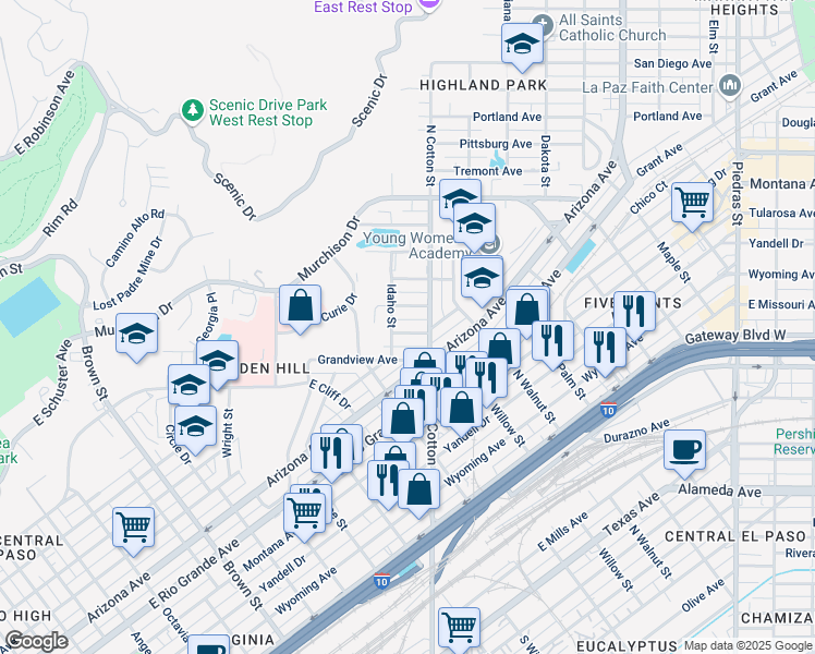 map of restaurants, bars, coffee shops, grocery stores, and more near 2013 Atlanta Avenue in El Paso