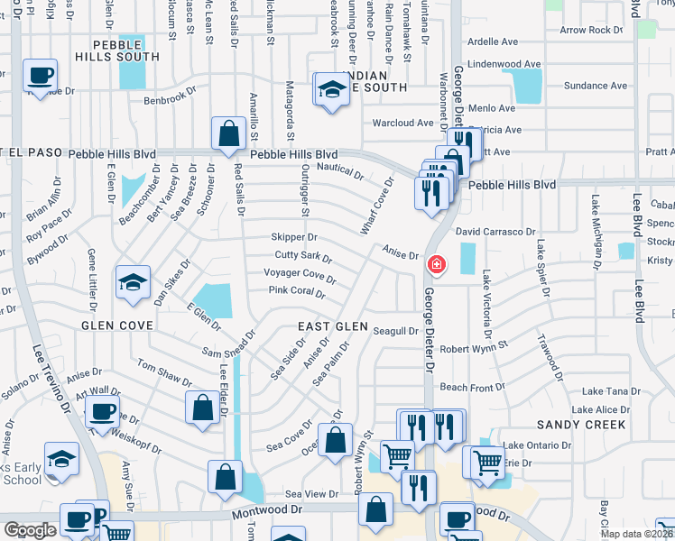 map of restaurants, bars, coffee shops, grocery stores, and more near 11180 Cutty Sark Drive in El Paso