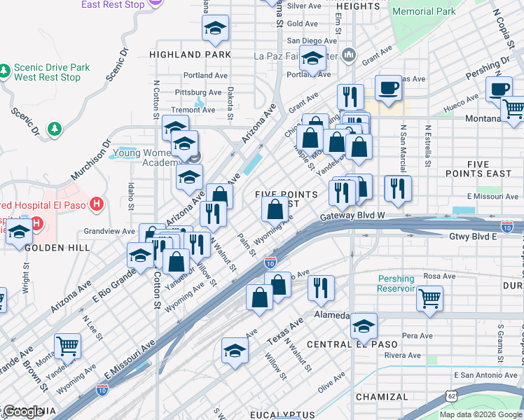 map of restaurants, bars, coffee shops, grocery stores, and more near 2407 Yandell Drive in El Paso